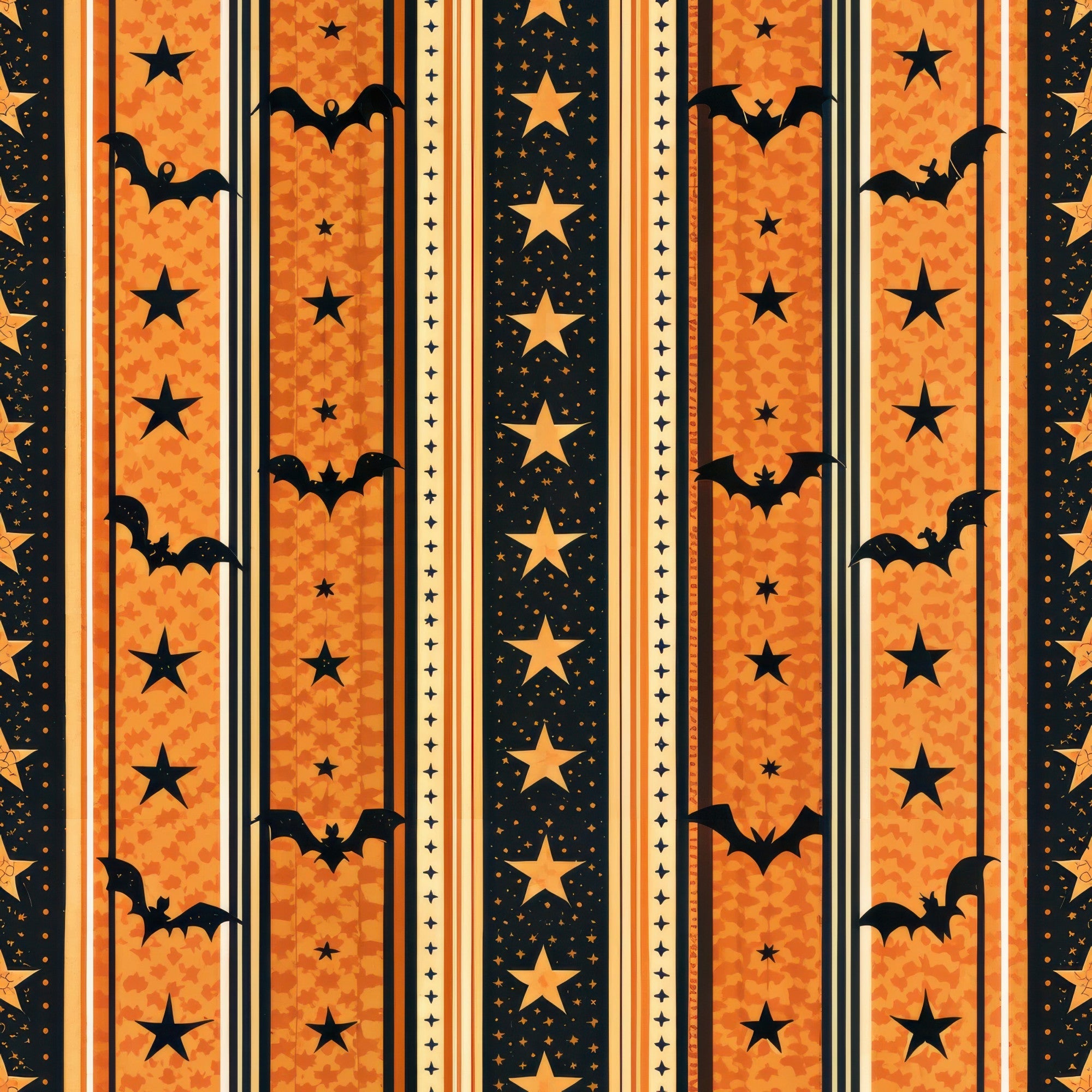 halloween fabric, orange, black, yellow, vertical stripes, bats, stars, gingham pattern,, fabric panel, spooky theme, autumn colors, halloween motifs, striped design, flying bats, star patterns, seasonal fabric, craft fabric, patchwork material, halloween decorations