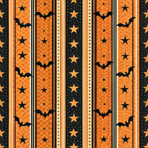 halloween fabric, orange, black, yellow, vertical stripes, bats, stars, gingham pattern,, fabric panel, spooky theme, autumn colors, halloween motifs, striped design, flying bats, star patterns, seasonal fabric, craft fabric, patchwork material, halloween decorations