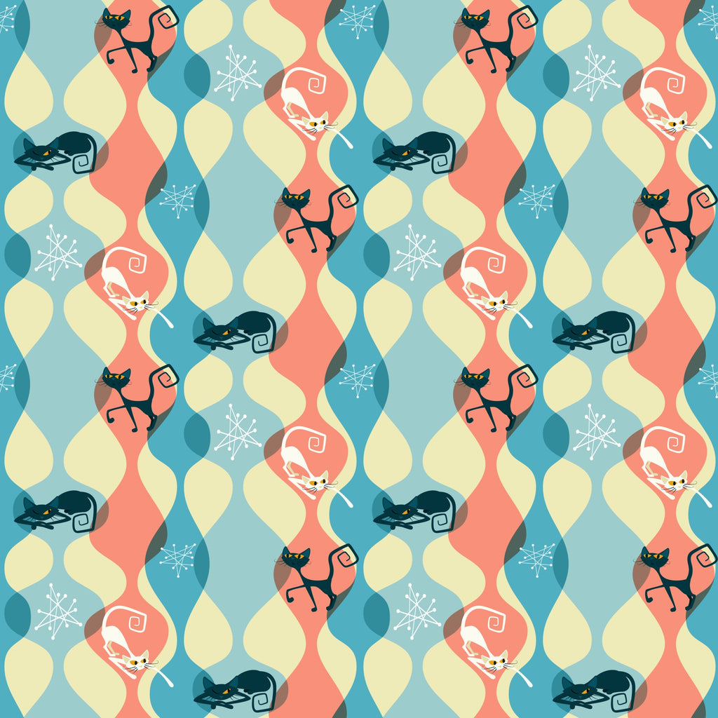 atomic cats, mid-century modern, retro style, coral pink, teal blue, cream yellow, geometric shapes, stylized cats, curled cats, sleeping cats, snowflakes, winter motifs, wavy patterns,, fabric panel, 1950s inspired, kitsch design, repeating pattern, atomic age, boomerang shapes