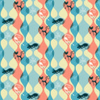 atomic cats, mid-century modern, retro style, coral pink, teal blue, cream yellow, geometric shapes, stylized cats, curled cats, sleeping cats, snowflakes, winter motifs, wavy patterns,, fabric panel, 1950s inspired, kitsch design, repeating pattern, atomic age, boomerang shapes