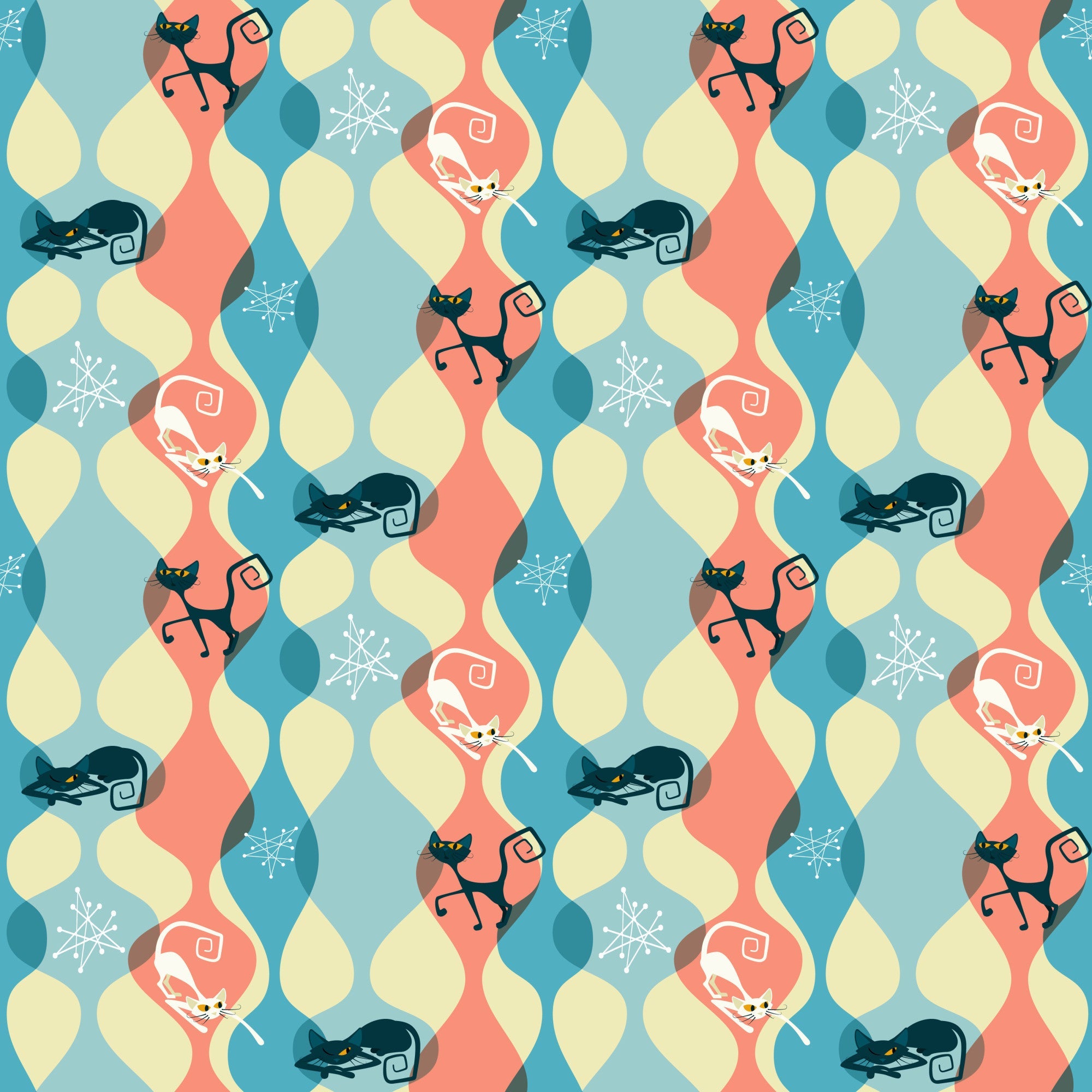 atomic cats, mid-century modern, retro style, coral pink, teal blue, cream yellow, geometric shapes, stylized cats, curled cats, sleeping cats, snowflakes, winter motifs, wavy patterns,, fabric panel, 1950s inspired, kitsch design, repeating pattern, atomic age, boomerang shapes