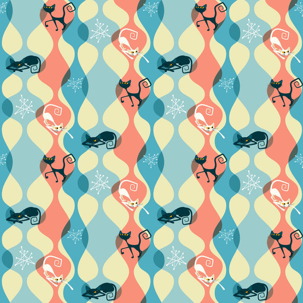 atomic cats, mid-century modern, retro style, coral pink, teal blue, cream yellow, geometric shapes, stylized cats, curled cats, sleeping cats, snowflakes, winter motifs, wavy patterns,, fabric panel, 1950s inspired, kitsch design, repeating pattern, atomic age, boomerang shapes