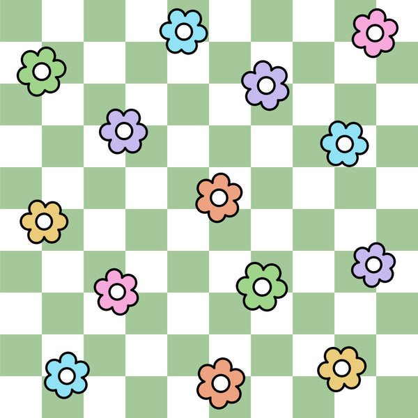 flower, floral, checkered, gingham, pastel, soft pink, lavender, light blue, sage green, pale yellow, coral, whimsical, playful, cheerful, cute, spring, nursery, kids room, playroom, baby, children's, sweet, colorful, multi-colored, botanical, daisy, garden, nature, modern, fun