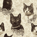 cream, beige, sepia, brown, cats, felines, lace collars, ornate patterns, vintage style, etched illustration,, fabric panel, detailed linework, floral motifs, decorative elements, pet portraits, antique aesthetic, repeating design, textile art, crafting material