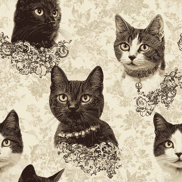 cream, beige, sepia, brown, cats, felines, lace collars, ornate patterns, vintage style, etched illustration,, fabric panel, detailed linework, floral motifs, decorative elements, pet portraits, antique aesthetic, repeating design, textile art, crafting material