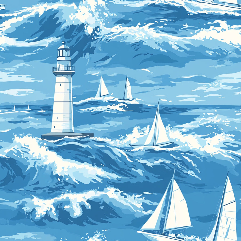 lighthouse, sailboats, ocean waves, nautical, marine, blue tones, white sails, coastal scene, sailing boats, seascape, water, maritime, navy blue, light blue, sky blue, white foam, boats, sea, waves,, fabric panel