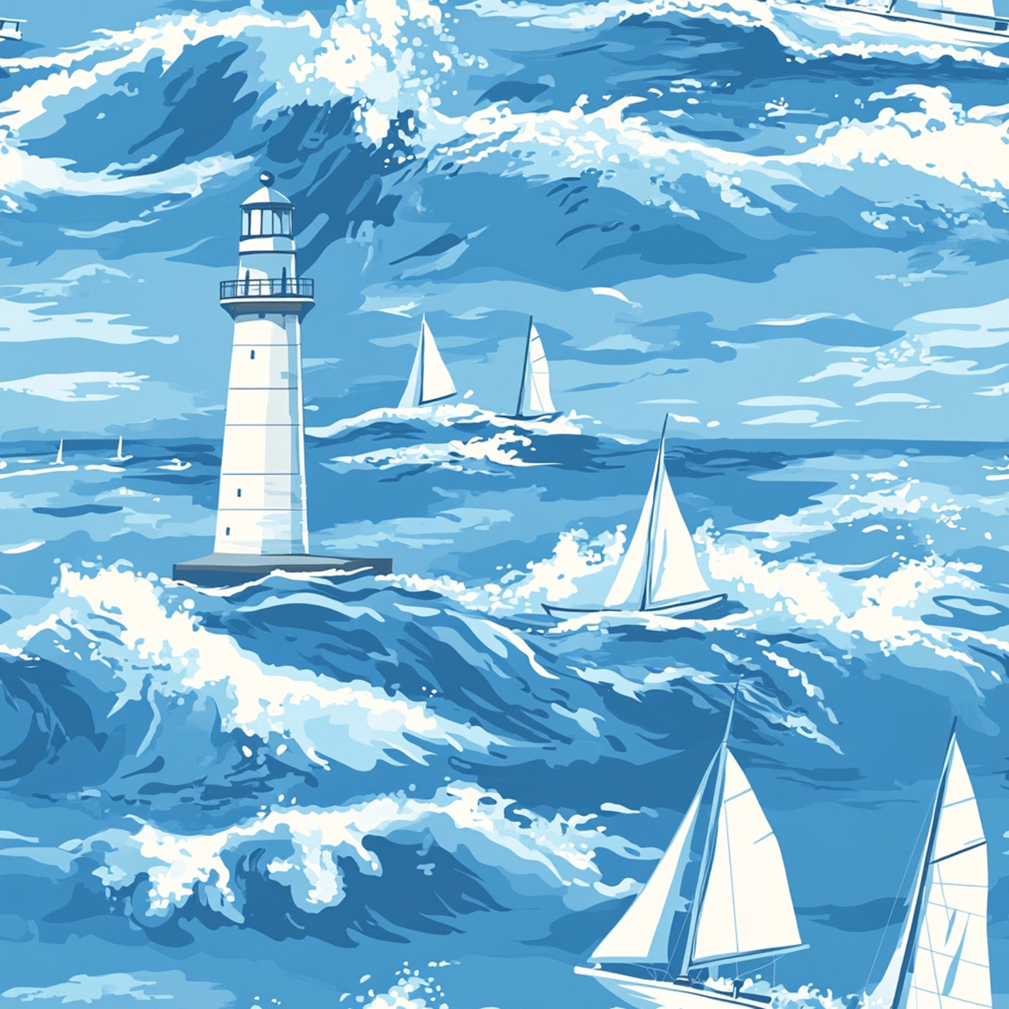 lighthouse, sailboats, ocean waves, nautical, marine, blue tones, white sails, coastal scene, sailing boats, seascape, water, maritime, navy blue, light blue, sky blue, white foam, boats, sea, waves,, fabric panel