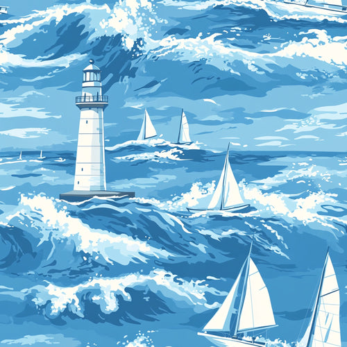 lighthouse, sailboats, ocean waves, nautical, marine, blue tones, white sails, coastal scene, sailing boats, seascape, water, maritime, navy blue, light blue, sky blue, white foam, boats, sea, waves,, fabric panel