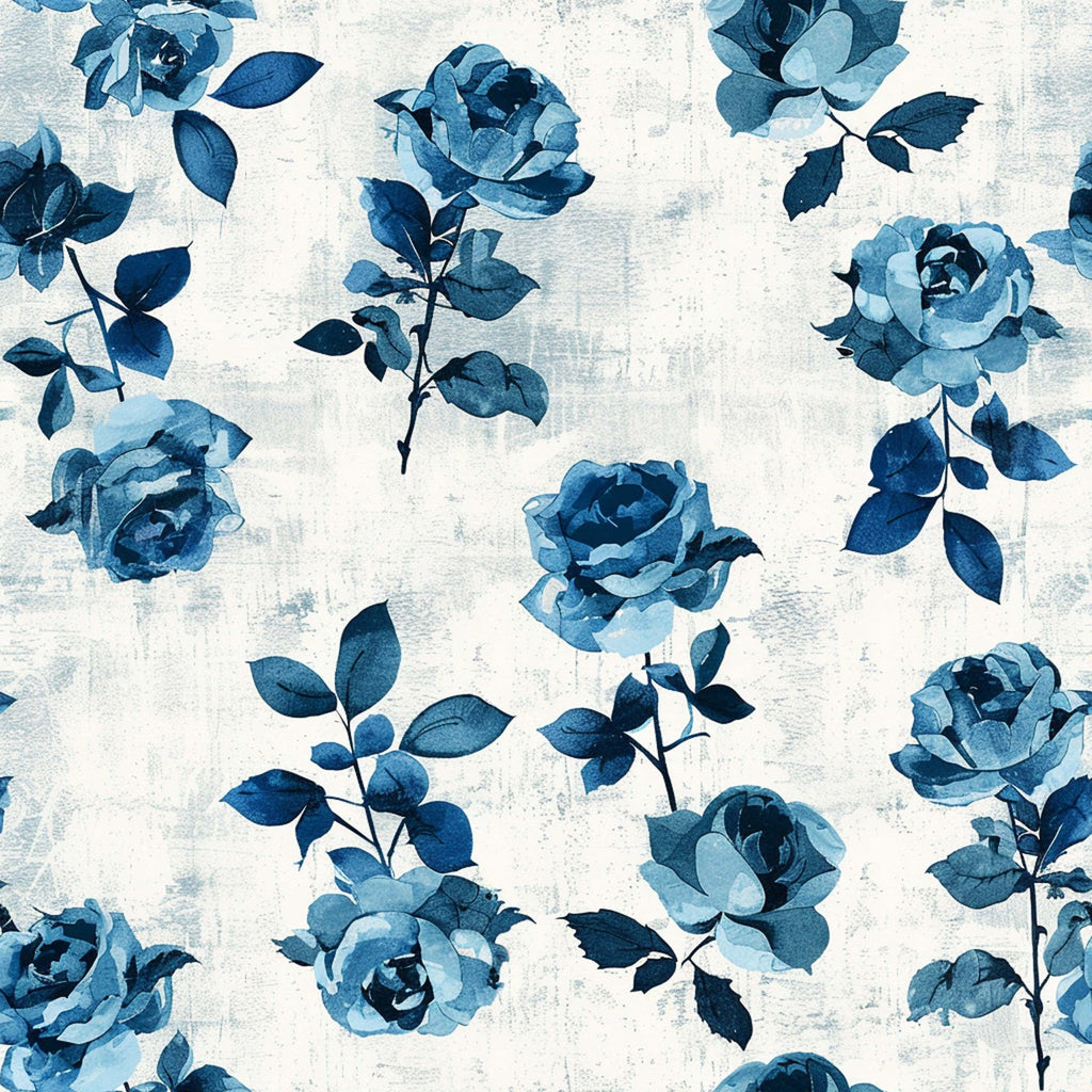 blue roses, vintage floral, navy blue, light blue, white background, watercolor style, botanical pattern, rose stems, leafy vines, distressed texture,, fabric panel, shabby chic, farmhouse style, romantic florals, repeating pattern, monochromatic blues, vintage blooms