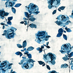blue roses, vintage floral, navy blue, light blue, white background, watercolor style, botanical pattern, rose stems, leafy vines, distressed texture,, fabric panel, shabby chic, farmhouse style, romantic florals, repeating pattern, monochromatic blues, vintage blooms
