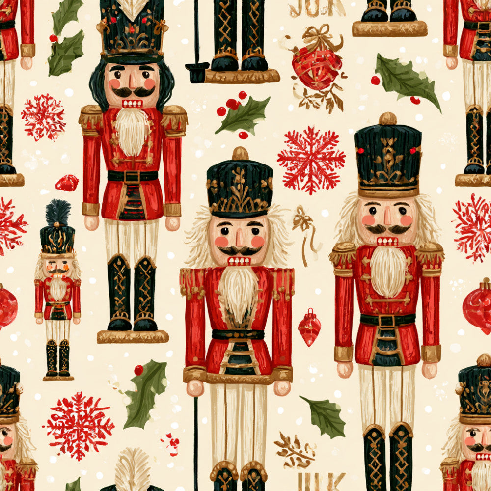 nutcracker, holiday, christmas, red, forest green, gold, cream, ivory, traditional, festive, nutcracker soldiers, snowflakes, holly, berries, vintage, elegant, whimsical, seasonal, winter, decorative, toy soldiers, baroque, ornamental, children's, kids room, nursery, festive decor, red and green, gold accents, classical
