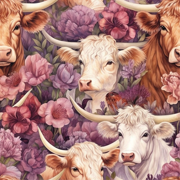 highland cows, floral pattern, purple flowers, pink blooms, cream colored cattle, brown cows, horned cattle, botanical design,, fabric panel, pastoral theme, country farm, soft pastels, lavender tones, rose colored flowers, cow faces, rural animals, gentle mood, repeating pattern, cotton fabric