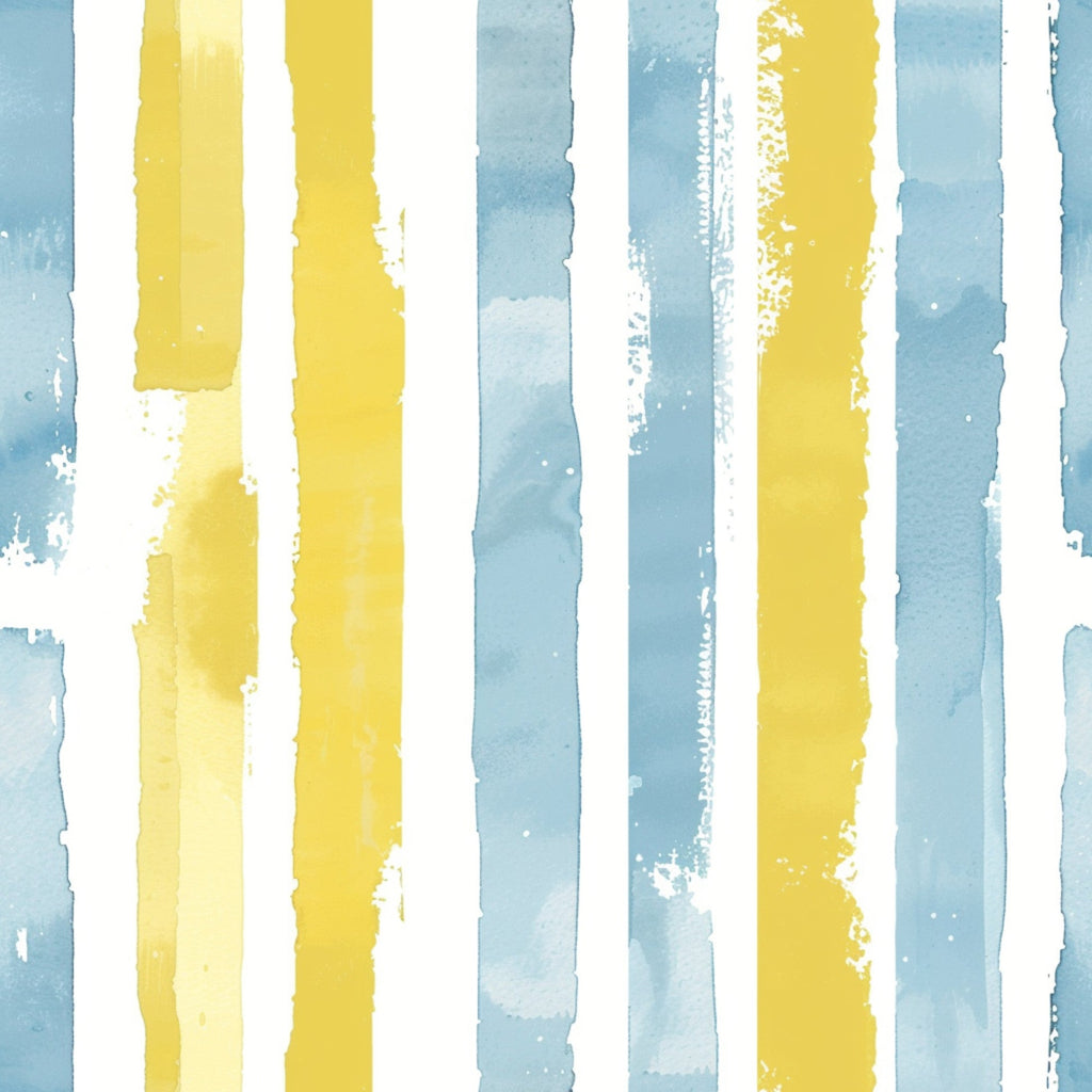 yellow stripes, blue stripes, watercolor brushstrokes, vertical bands, soft pastels, painted texture, alternating colors, distressed edges,, fabric panel, artistic stripes, hand-painted effect, nursery colors, gentle hues, textured brushwork, irregular edges, cotton fabric, quilting material