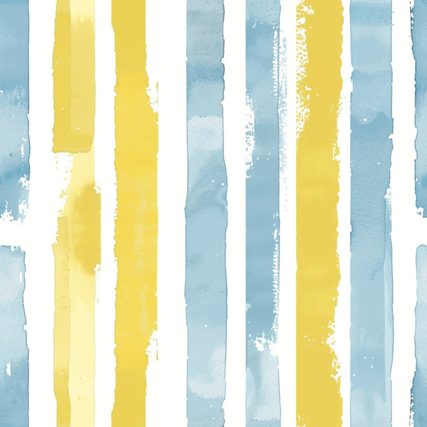 yellow stripes, blue stripes, watercolor brushstrokes, vertical bands, soft pastels, painted texture, alternating colors, distressed edges,, fabric panel, artistic stripes, hand-painted effect, nursery colors, gentle hues, textured brushwork, irregular edges, cotton fabric, quilting material