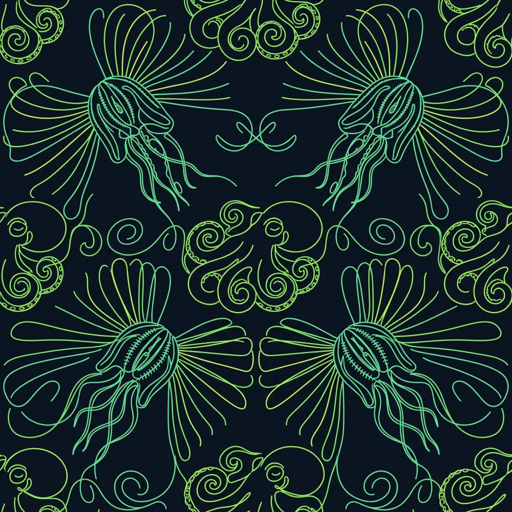 neon green, lime green, cyan, teal, dark navy, jellyfish, ocean creatures, sea life, nautical, marine, bioluminescent, glowing, neon glow, art deco, ornamental, scrollwork, decorative swirls, whimsical, fantasy, underwater, deep sea, elegant, modern, contemporary, nature inspired, symmetrical, repeating pattern, celestial vibes, coastal theme