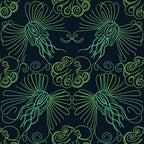 neon green, lime green, cyan, teal, dark navy, jellyfish, ocean creatures, sea life, nautical, marine, bioluminescent, glowing, neon glow, art deco, ornamental, scrollwork, decorative swirls, whimsical, fantasy, underwater, deep sea, elegant, modern, contemporary, nature inspired, symmetrical, repeating pattern, celestial vibes, coastal theme