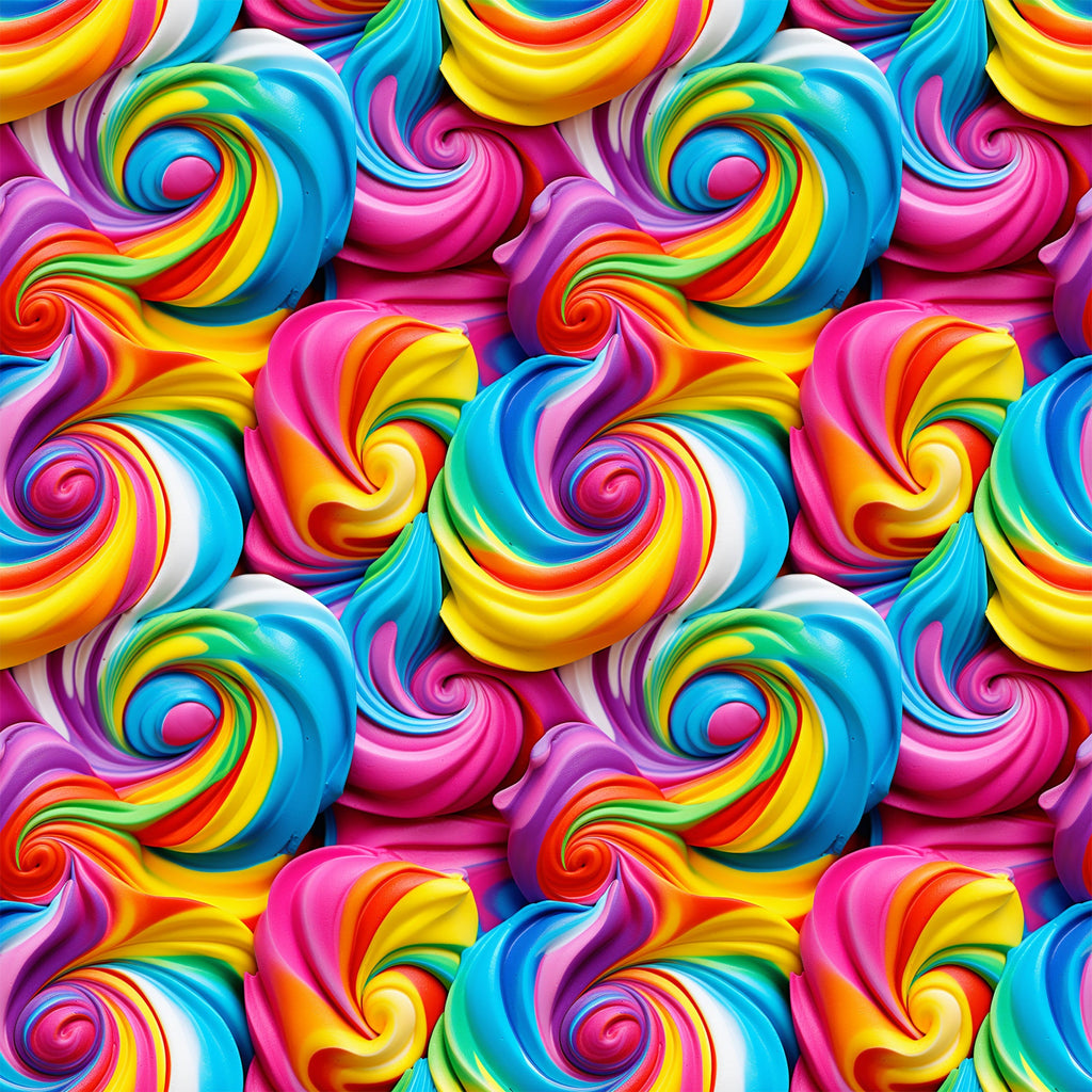 rainbow swirls, multicolor spirals, bright pink, electric blue, sunny yellow, vibrant orange, purple accents, frosting pattern, whimsical design, candy colors, swirl motifs, playful mood,, fabric panel, sweet treats, dessert inspired, colorful spirals, fun patterns, cheerful aesthetic, bakery theme