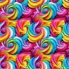 rainbow swirls, multicolor spirals, bright pink, electric blue, sunny yellow, vibrant orange, purple accents, frosting pattern, whimsical design, candy colors, swirl motifs, playful mood,, fabric panel, sweet treats, dessert inspired, colorful spirals, fun patterns, cheerful aesthetic, bakery theme