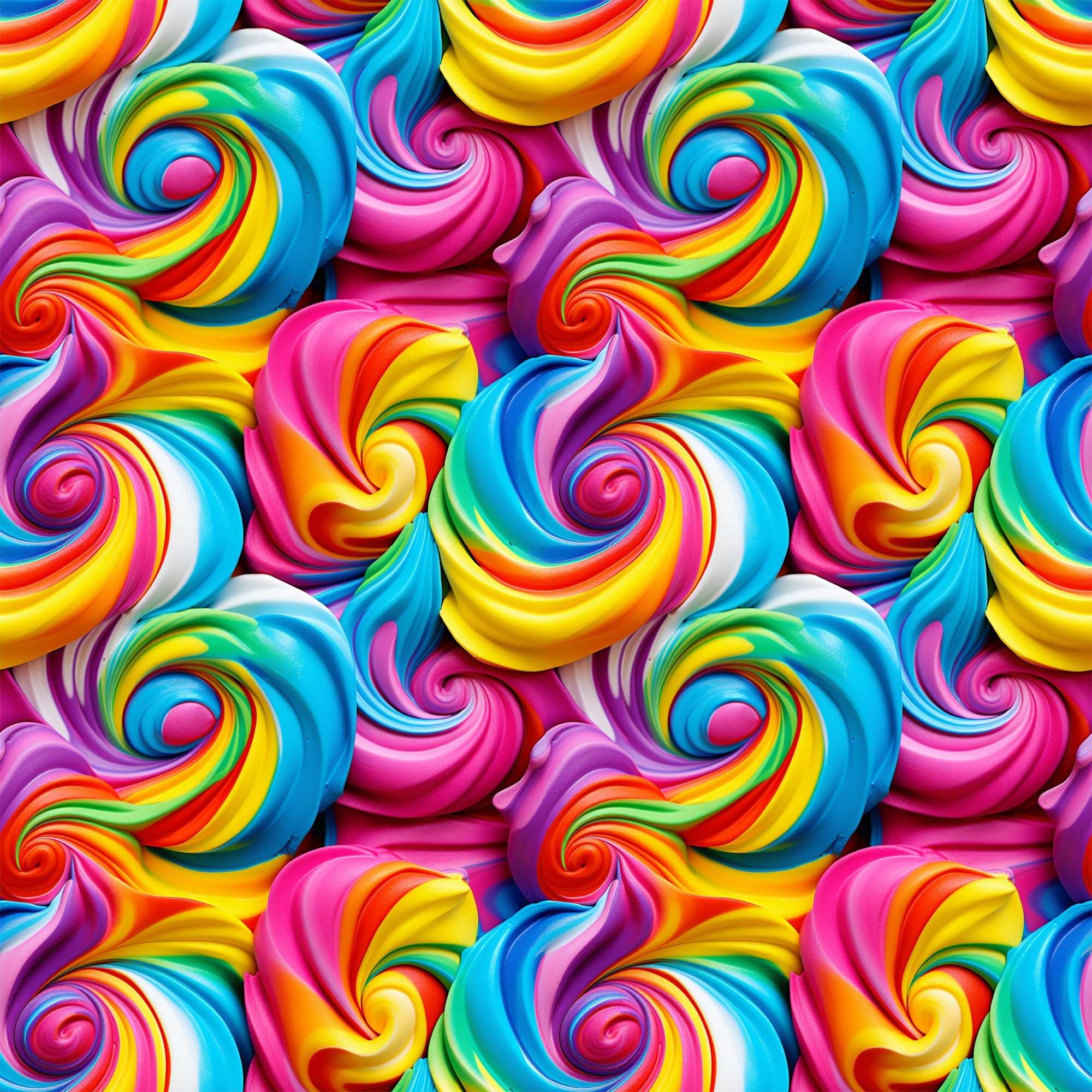 rainbow swirls, multicolor spirals, bright pink, electric blue, sunny yellow, vibrant orange, purple accents, frosting pattern, whimsical design, candy colors, swirl motifs, playful mood,, fabric panel, sweet treats, dessert inspired, colorful spirals, fun patterns, cheerful aesthetic, bakery theme