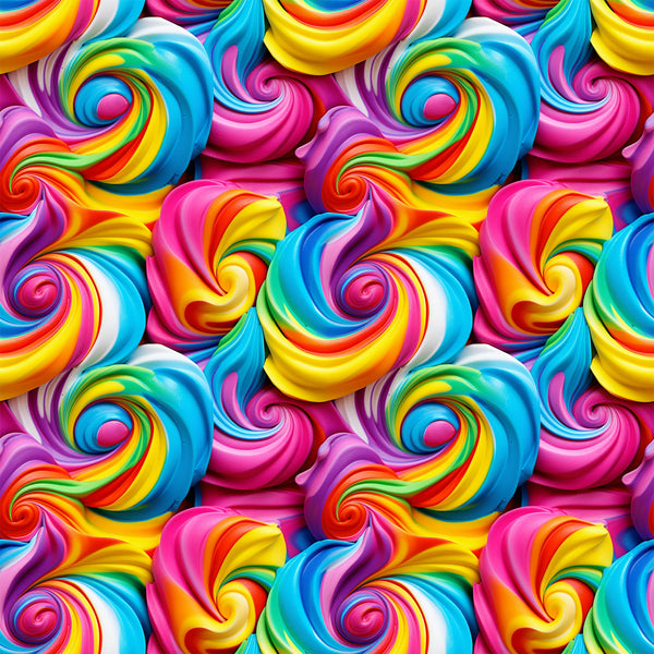 rainbow swirls, multicolor spirals, bright pink, electric blue, sunny yellow, vibrant orange, purple accents, frosting pattern, whimsical design, candy colors, swirl motifs, playful mood,, fabric panel, sweet treats, dessert inspired, colorful spirals, fun patterns, cheerful aesthetic, bakery theme