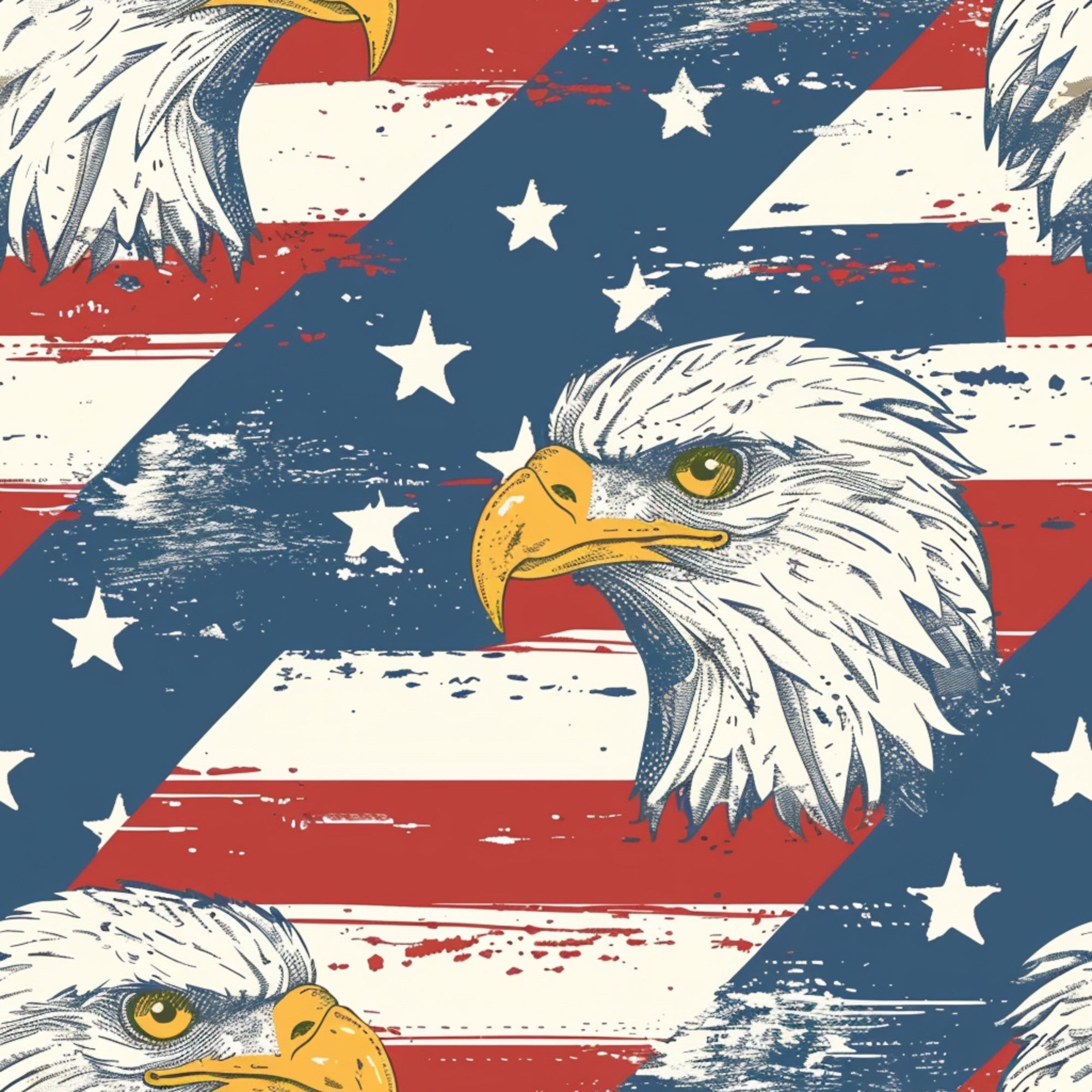bald eagles, american flag, red white blue, stars stripes, patriotic theme, vintage style, distressed texture,, fabric panel, independence day, fourth of july, weathered look, sketched eagles, golden beaks, green eyes, americana motif, grunge effect, cotton fabric