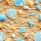 beach theme, seashells, starfish, ocean blue, sandy beige, coral orange, nautical pattern, coastal design, summer vibes,, fabric panel, marine life, tropical motif, seaside elements, wave texture, shell collection, aqua blue, warm orange, beach vacation, ocean treasures
