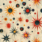 retro starburst, mid-century modern, atomic age, sunburst design, orange, red, navy blue, teal, cream background, geometric pattern, celestial motifs, radiating rays, circular shapes, vintage style, 1950s inspired,, fabric panel, space age, modernist design, abstract pattern