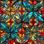 stained glass, kaleidoscope pattern, radial design, geometric flowers, turquoise, coral, orange, yellow, green, red, purple, brown, mosaic style, symmetrical petals, christmas fabric,, fabric panel, vibrant colors, floral motifs, decorative pattern