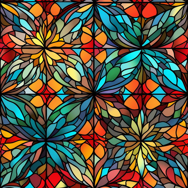 stained glass, kaleidoscope pattern, radial design, geometric flowers, turquoise, coral, orange, yellow, green, red, purple, brown, mosaic style, symmetrical petals, christmas fabric,, fabric panel, vibrant colors, floral motifs, decorative pattern