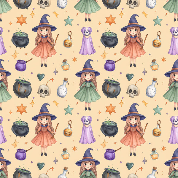 witch fabric, magical theme, purple cauldron, wizard hat, potion bottles, stars, hearts, spell book, halloween, whimsical, children's fabric, playroom decor, cream background, navy blue, forest green, coral pink, dusty purple, orange stars, cute witches, fantasy theme, celestial, girl's room, nursery fabric, magical creatures, enchanted, storybook style, witch costume, spell casting, mystical, kid's apparel