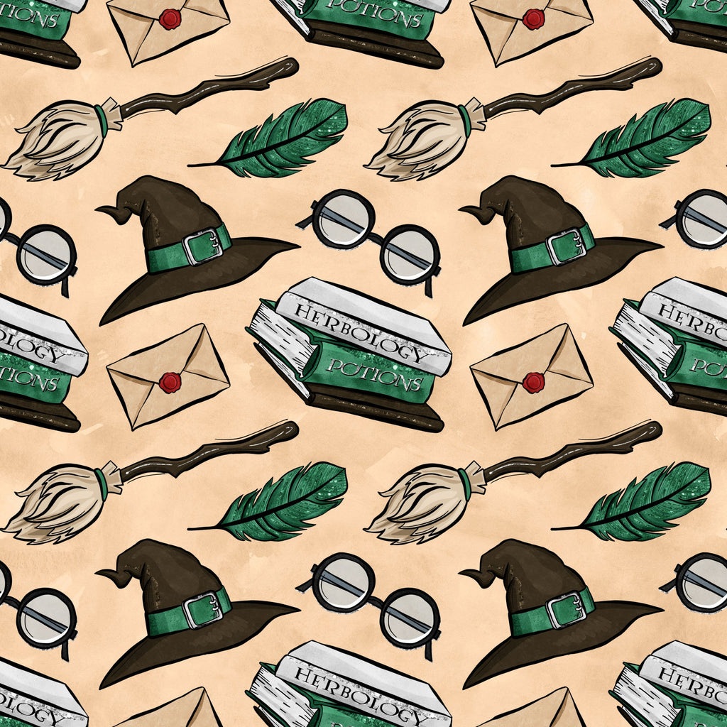 wizard, magical, witch hat, broomstick, round glasses, green feather, herbology potions, envelope, wax seal, beige background, brown, green, white, repeating pattern, fantasy theme,, fabric panel, whimsical, school supplies, magical accessories
