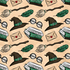 wizard, magical, witch hat, broomstick, round glasses, green feather, herbology potions, envelope, wax seal, beige background, brown, green, white, repeating pattern, fantasy theme,, fabric panel, whimsical, school supplies, magical accessories