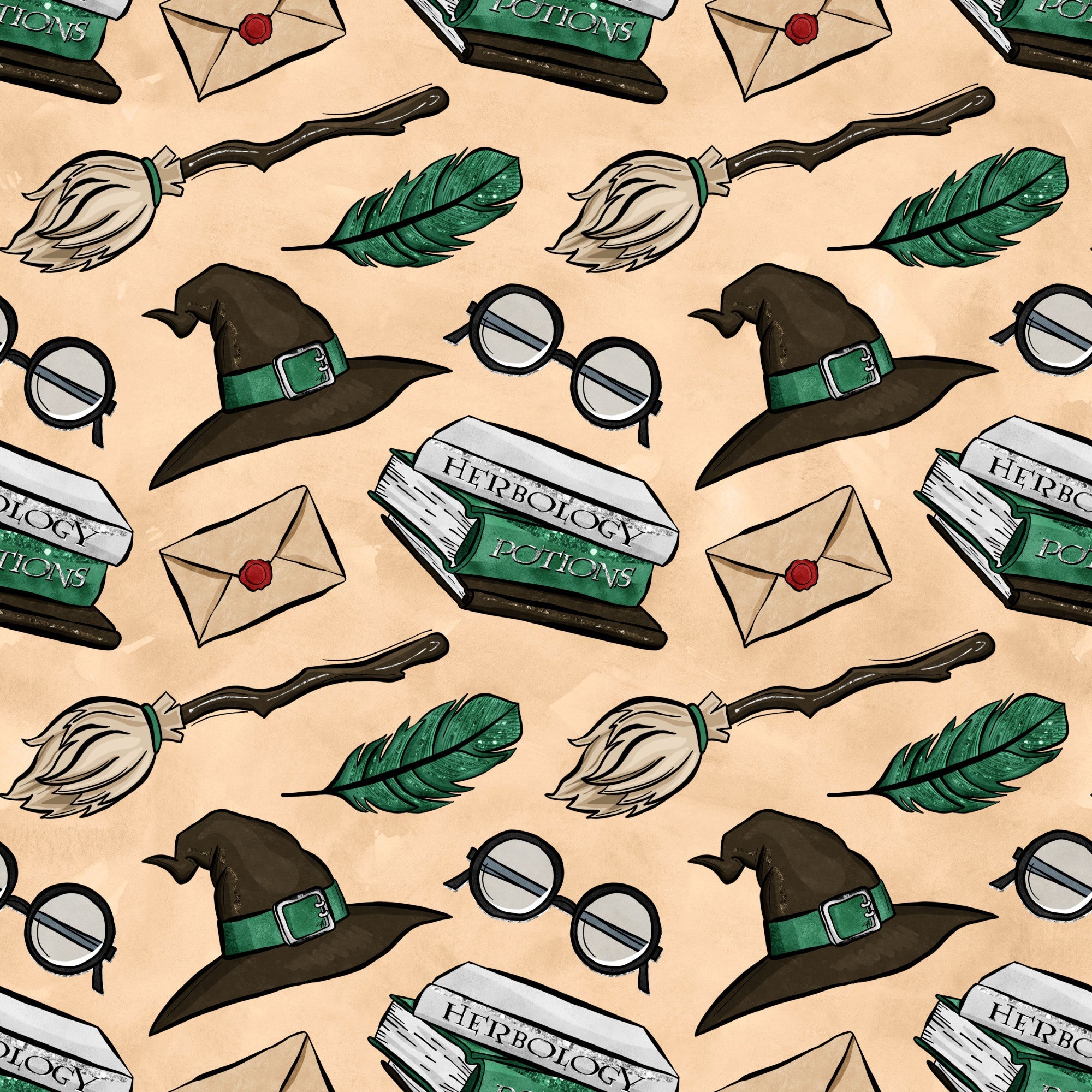 wizard, magical, witch hat, broomstick, round glasses, green feather, herbology potions, envelope, wax seal, beige background, brown, green, white, repeating pattern, fantasy theme,, fabric panel, whimsical, school supplies, magical accessories