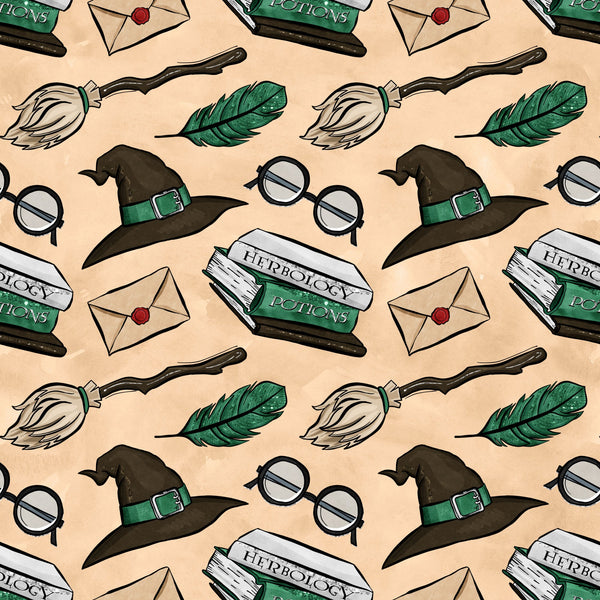 wizard, magical, witch hat, broomstick, round glasses, green feather, herbology potions, envelope, wax seal, beige background, brown, green, white, repeating pattern, fantasy theme,, fabric panel, whimsical, school supplies, magical accessories