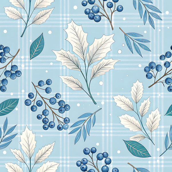 light blue, pale blue, sky blue, navy blue, cream, ivory, white, berry blue, blueberries, botanical, floral, nature, winter, christmas, holiday, elegant, traditional, vintage, leaves, berries, foliage, plaid, gingham, check pattern, peaceful, calming, nursery, baby, children, kids