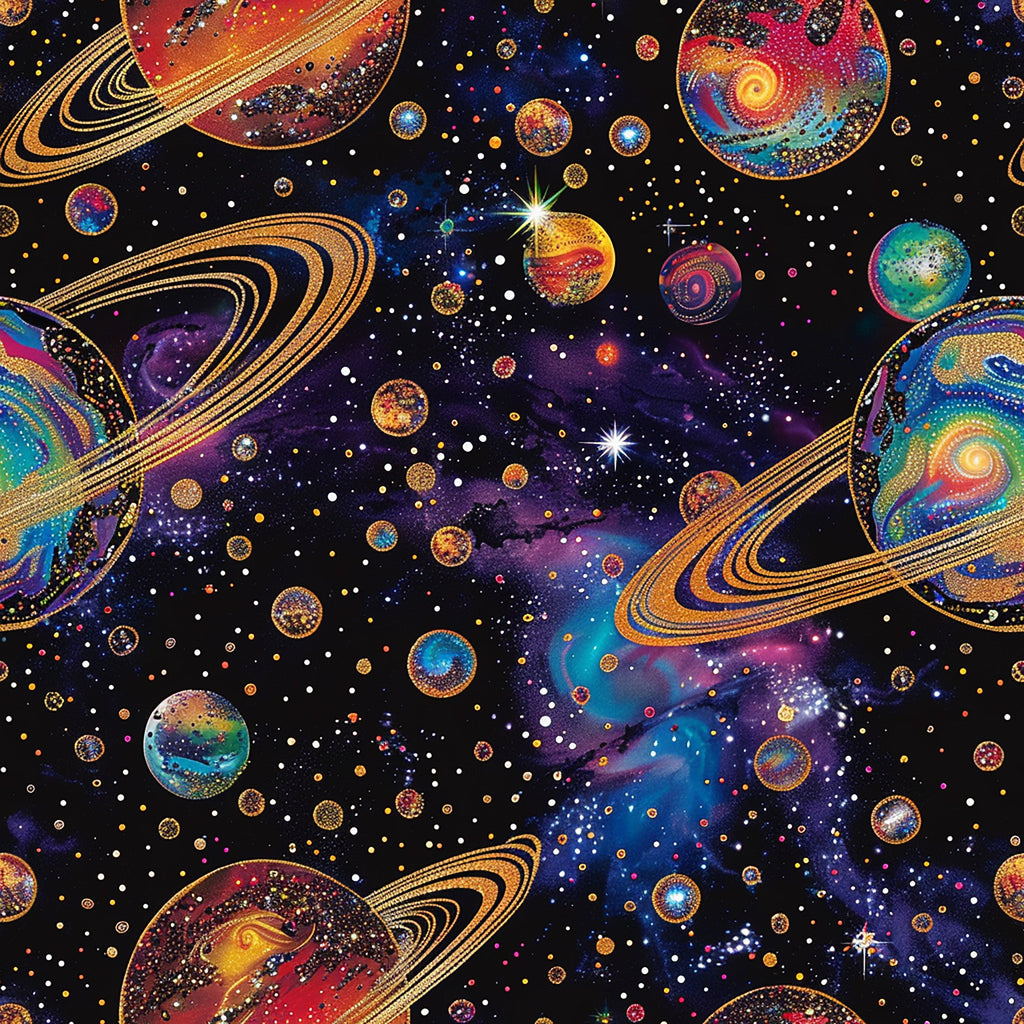 cosmic space scene, planets, saturn rings, galaxy swirls, stars, celestial bodies, deep purple, vibrant blue, golden yellow, orange, teal, magenta, black background,, fabric panel, astronomical theme, universe pattern, nebula clouds, starry night, space exploration