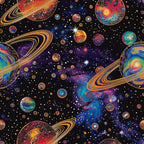 cosmic space scene, planets, saturn rings, galaxy swirls, stars, celestial bodies, deep purple, vibrant blue, golden yellow, orange, teal, magenta, black background,, fabric panel, astronomical theme, universe pattern, nebula clouds, starry night, space exploration
