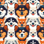 dog faces, puppy heads, orange, black, white, cream, beige, navy blue, repeating pattern, cartoon style, happy dogs, smiling faces, tongues out, cute animals, pet theme,, fabric panel, playful mood, geometric arrangement, multiple breeds