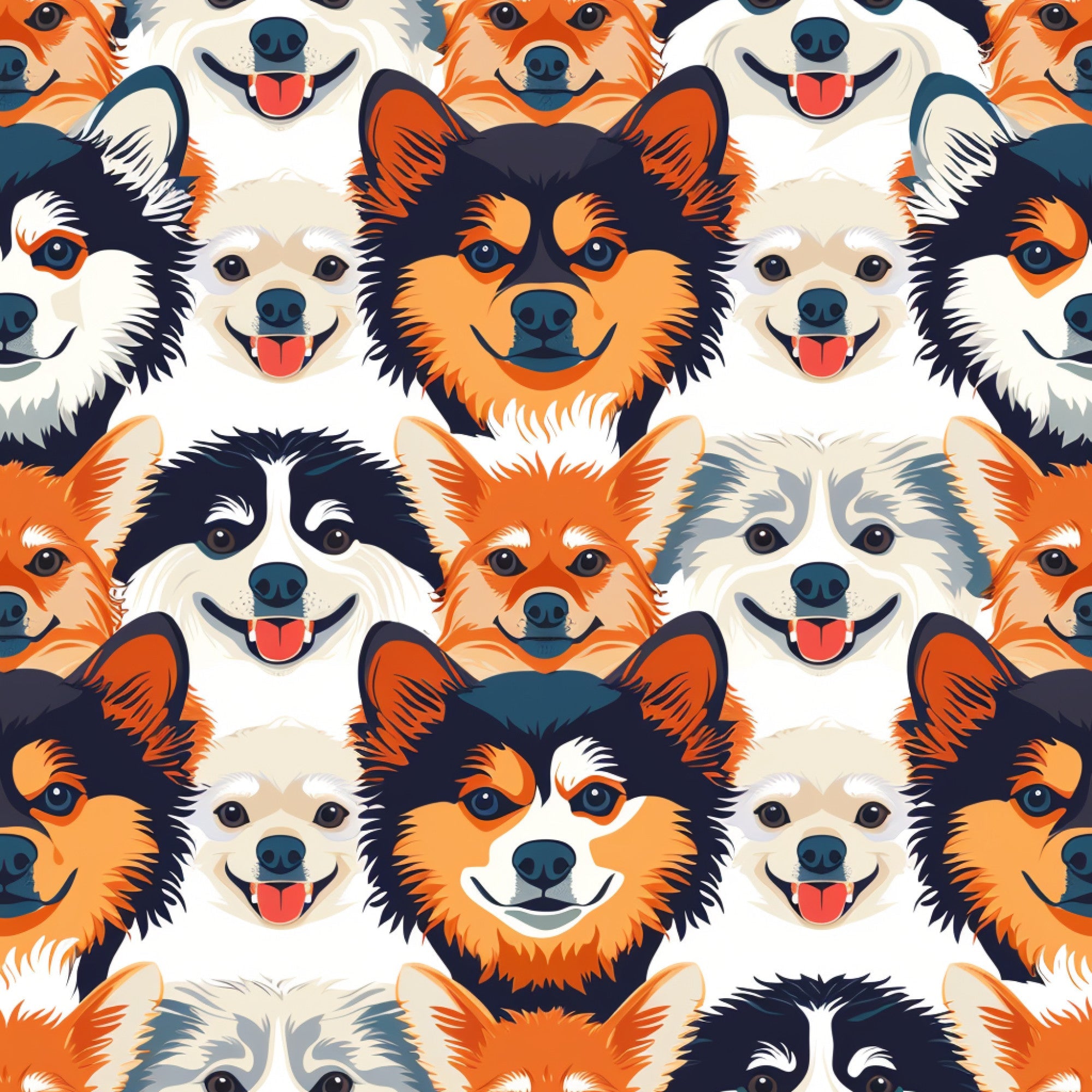 dog faces, puppy heads, orange, black, white, cream, beige, navy blue, repeating pattern, cartoon style, happy dogs, smiling faces, tongues out, cute animals, pet theme,, fabric panel, playful mood, geometric arrangement, multiple breeds