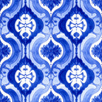 royal blue, cobalt blue, navy blue, white, damask, ornamental, baroque, floral, geometric, traditional, elegant, vintage, symmetrical, decorative, classic, formal, medallion motif, scrollwork, bows, flourishes, sophisticated, timeless, heritage, ornate, botanical, home decor, upholstery, quilt backing, heirloom