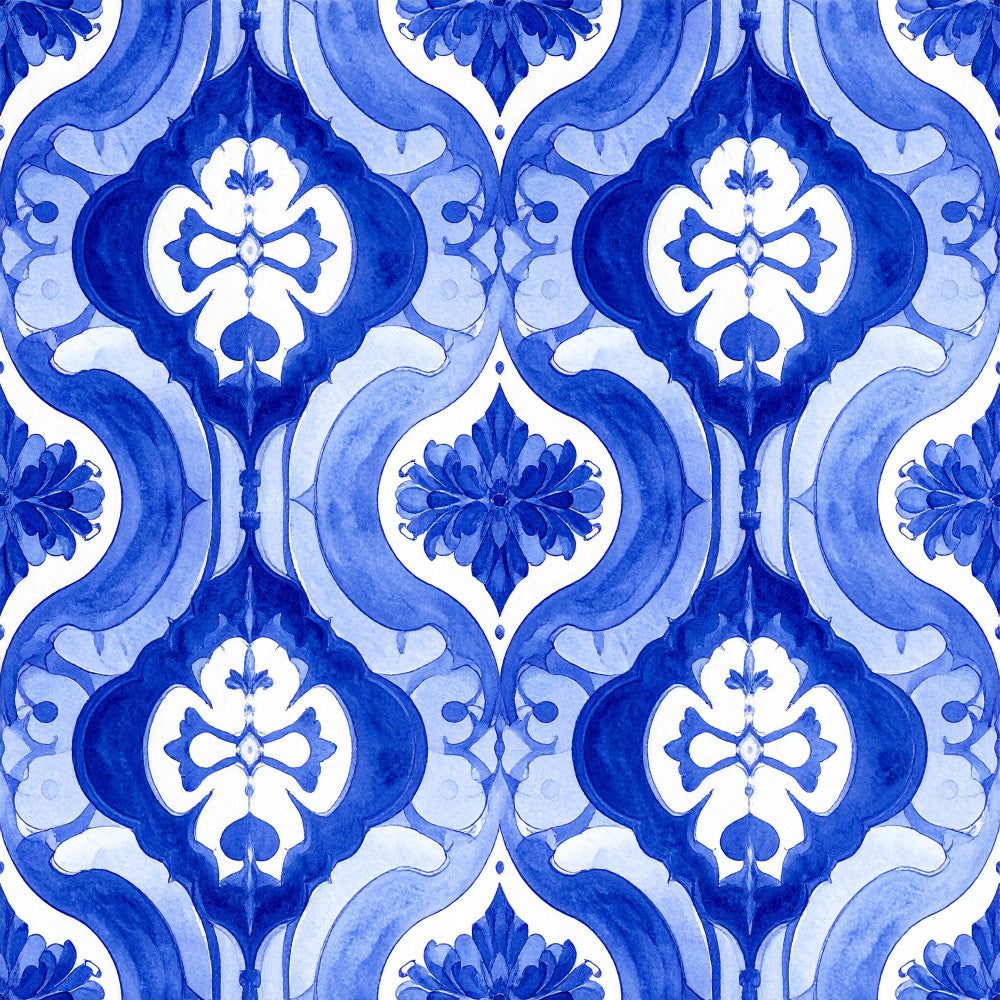 royal blue, cobalt blue, navy blue, white, damask, ornamental, baroque, floral, geometric, traditional, elegant, vintage, symmetrical, decorative, classic, formal, medallion motif, scrollwork, bows, flourishes, sophisticated, timeless, heritage, ornate, botanical, home decor, upholstery, quilt backing, heirloom