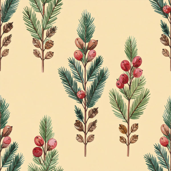 cream background, forest green, dusty rose, burgundy red, botanical, nature, evergreen branches, berries, vintage botanical, traditional, elegant, botanical illustration, coniferous, pine branches, red berries, natural, earthy tones, winter, holiday, rustic, christmas, nursery, kids room, nature lover, woodland, botanical prints, vintage illustration, classic design, naturalistic