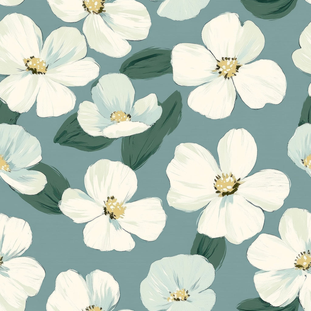 cornflower blue, dusty blue, sage green, cream white, ivory petals, golden yellow centers, floral pattern, botanical design, five-petal flowers, scattered blooms, green leaves, painterly style, soft watercolor, delicate florals,, fabric panel, spring flowers, feminine design, romantic mood, seamless repeat
