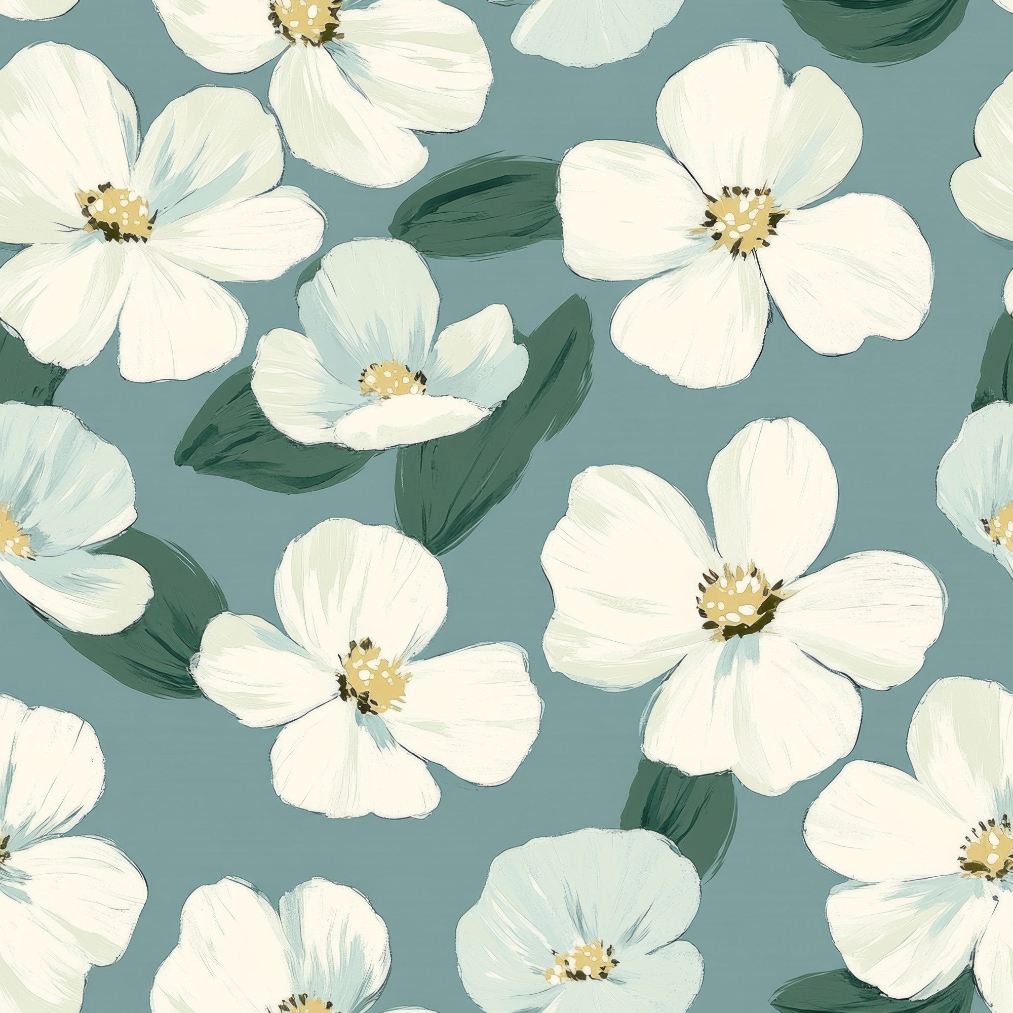 cornflower blue, dusty blue, sage green, cream white, ivory petals, golden yellow centers, floral pattern, botanical design, five-petal flowers, scattered blooms, green leaves, painterly style, soft watercolor, delicate florals,, fabric panel, spring flowers, feminine design, romantic mood, seamless repeat