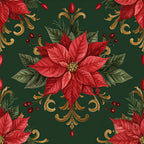 forest green, deep red, crimson red, gold accents, poinsettia, floral, vintage, elegant, traditional, botanical, holiday, christmas, festive, ornamental, scrollwork, filigree, berries, green leaves, nature-inspired, seasonal, luxurious, classic, decorative, timeless, winter, celebration, damask-inspired, dimensional, rich colors