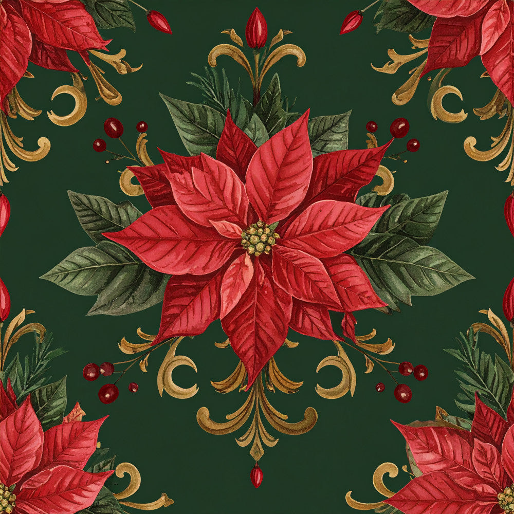 forest green, deep red, crimson red, gold accents, poinsettia, floral, vintage, elegant, traditional, botanical, holiday, christmas, festive, ornamental, scrollwork, filigree, berries, green leaves, nature-inspired, seasonal, luxurious, classic, decorative, timeless, winter, celebration, damask-inspired, dimensional, rich colors