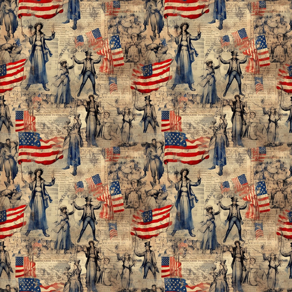 red, white, blue, beige, tan, sepia, vintage illustrations, american flags, patriotic figures, uncle sam, lady liberty, historical characters, colonial people, repeating pattern,, fabric panel, americana theme, antique newspaper background, nostalgic artwork, period costumes