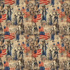 red, white, blue, beige, tan, sepia, vintage illustrations, american flags, patriotic figures, uncle sam, lady liberty, historical characters, colonial people, repeating pattern,, fabric panel, americana theme, antique newspaper background, nostalgic artwork, period costumes