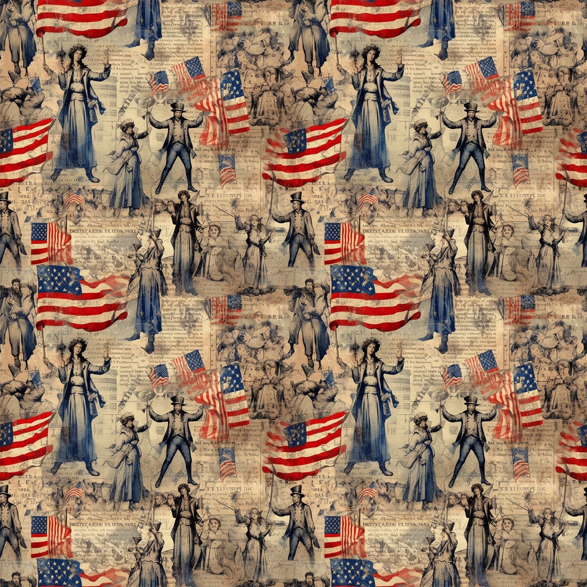 red, white, blue, beige, tan, sepia, vintage illustrations, american flags, patriotic figures, uncle sam, lady liberty, historical characters, colonial people, repeating pattern,, fabric panel, americana theme, antique newspaper background, nostalgic artwork, period costumes