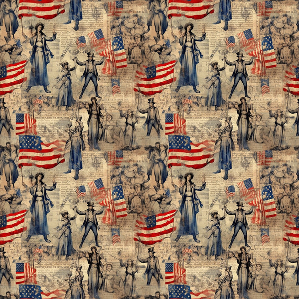 red, white, blue, beige, tan, sepia, vintage illustrations, american flags, patriotic figures, uncle sam, lady liberty, historical characters, colonial people, repeating pattern,, fabric panel, americana theme, antique newspaper background, nostalgic artwork, period costumes